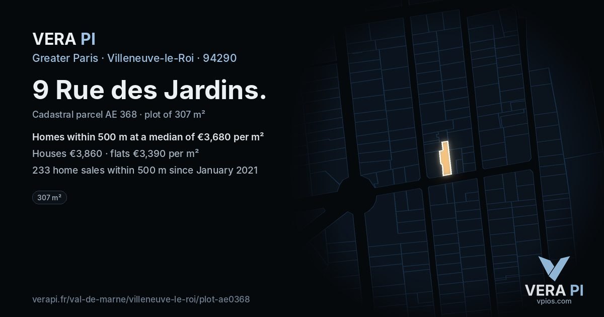 9 Rue des Jardins, Villeneuve-le-Roi at night – the plot lit, the parcels around coloured by the prices near them