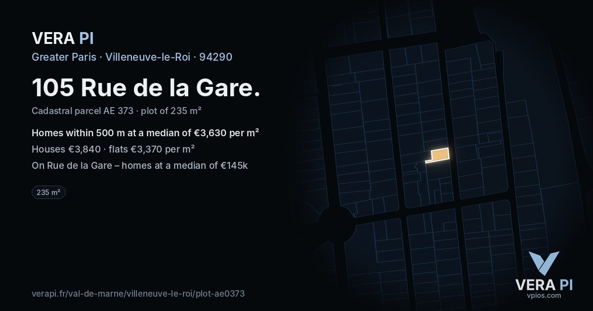 105 Rue de la Gare, Villeneuve-le-Roi at night – the plot lit, the parcels around coloured by the prices near them