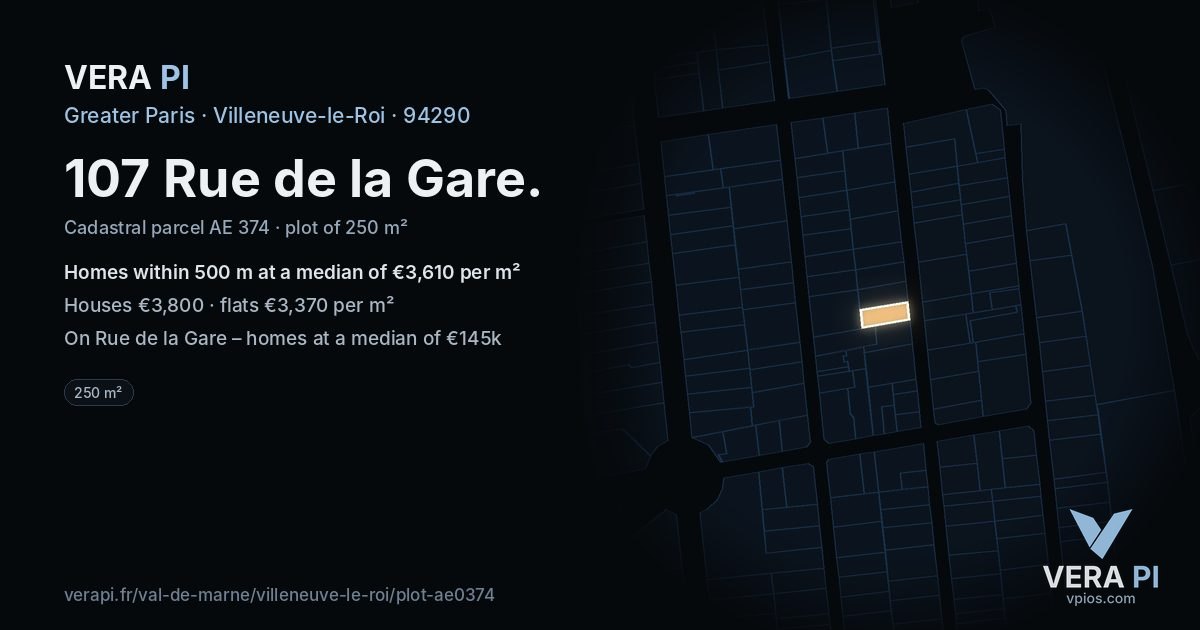 107 Rue de la Gare, Villeneuve-le-Roi at night – the plot lit, the parcels around coloured by the prices near them