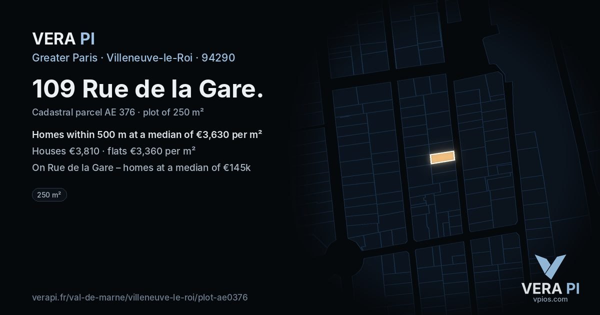 109 Rue de la Gare, Villeneuve-le-Roi at night – the plot lit, the parcels around coloured by the prices near them