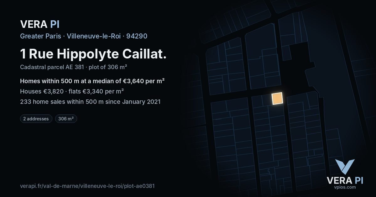 1 Rue Hippolyte Caillat, Villeneuve-le-Roi at night – the plot lit, the parcels around coloured by the prices near them
