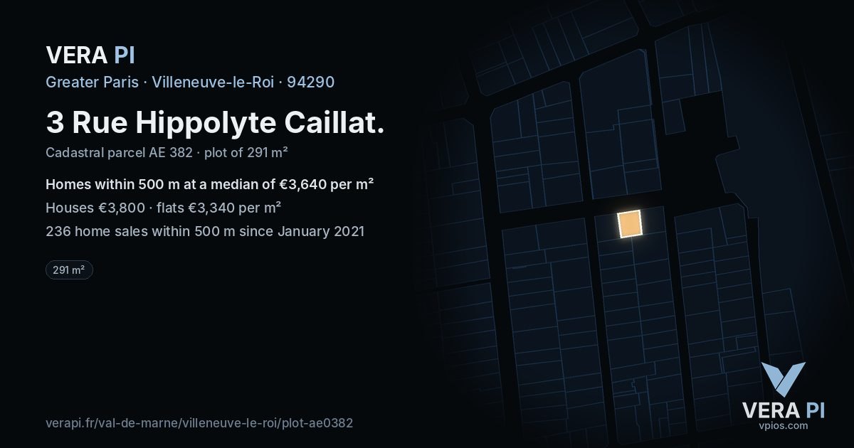 3 Rue Hippolyte Caillat, Villeneuve-le-Roi at night – the plot lit, the parcels around coloured by the prices near them