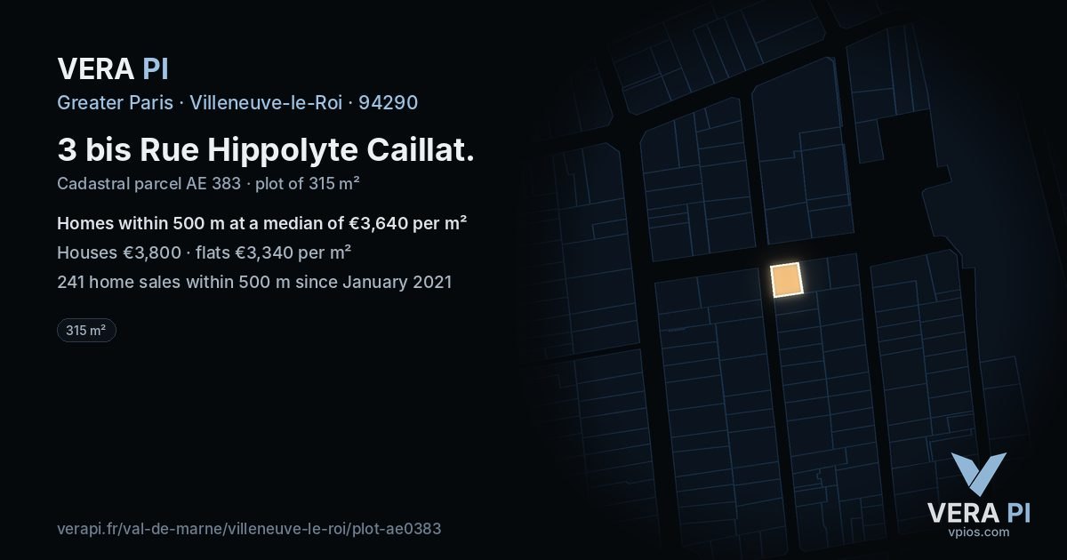 3 bis Rue Hippolyte Caillat, Villeneuve-le-Roi at night – the plot lit, the parcels around coloured by the prices near them