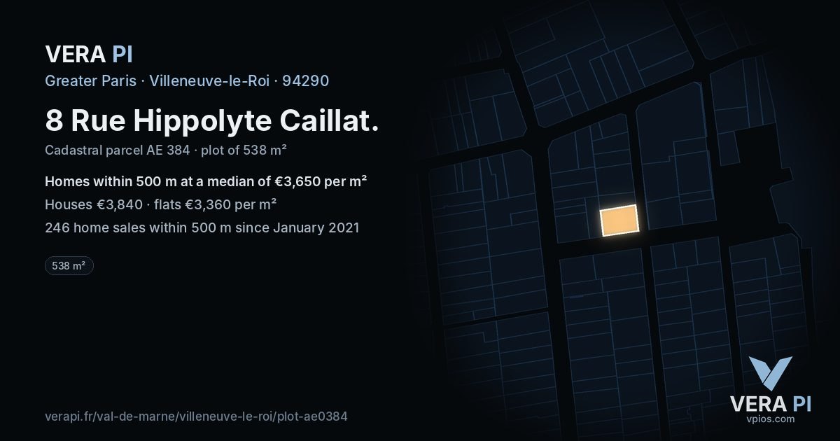 8 Rue Hippolyte Caillat, Villeneuve-le-Roi at night – the plot lit, the parcels around coloured by the prices near them