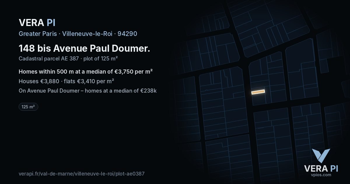 148 bis Avenue Paul Doumer, Villeneuve-le-Roi at night – the plot lit, the parcels around coloured by the prices near them