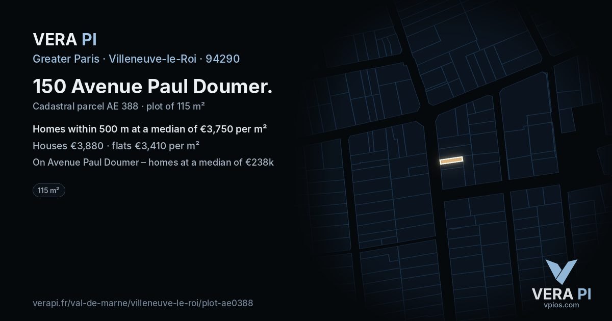 150 Avenue Paul Doumer, Villeneuve-le-Roi at night – the plot lit, the parcels around coloured by the prices near them