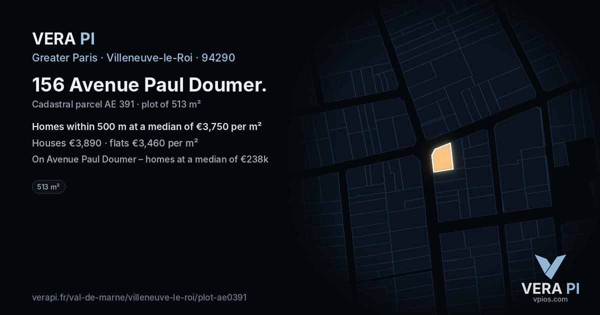 156 Avenue Paul Doumer, Villeneuve-le-Roi at night – the plot lit, the parcels around coloured by the prices near them
