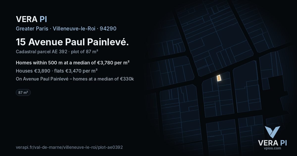 15 Avenue Paul Painlevé, Villeneuve-le-Roi at night – the plot lit, the parcels around coloured by the prices near them