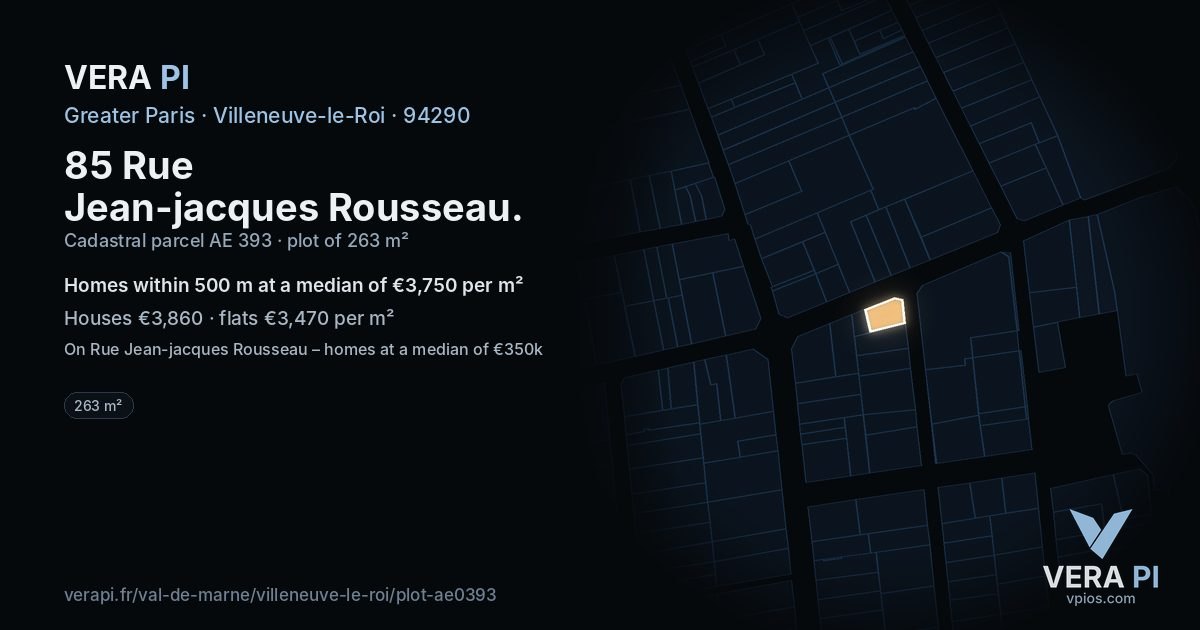 85 Rue Jean-jacques Rousseau, Villeneuve-le-Roi at night – the plot lit, the parcels around coloured by the prices near them