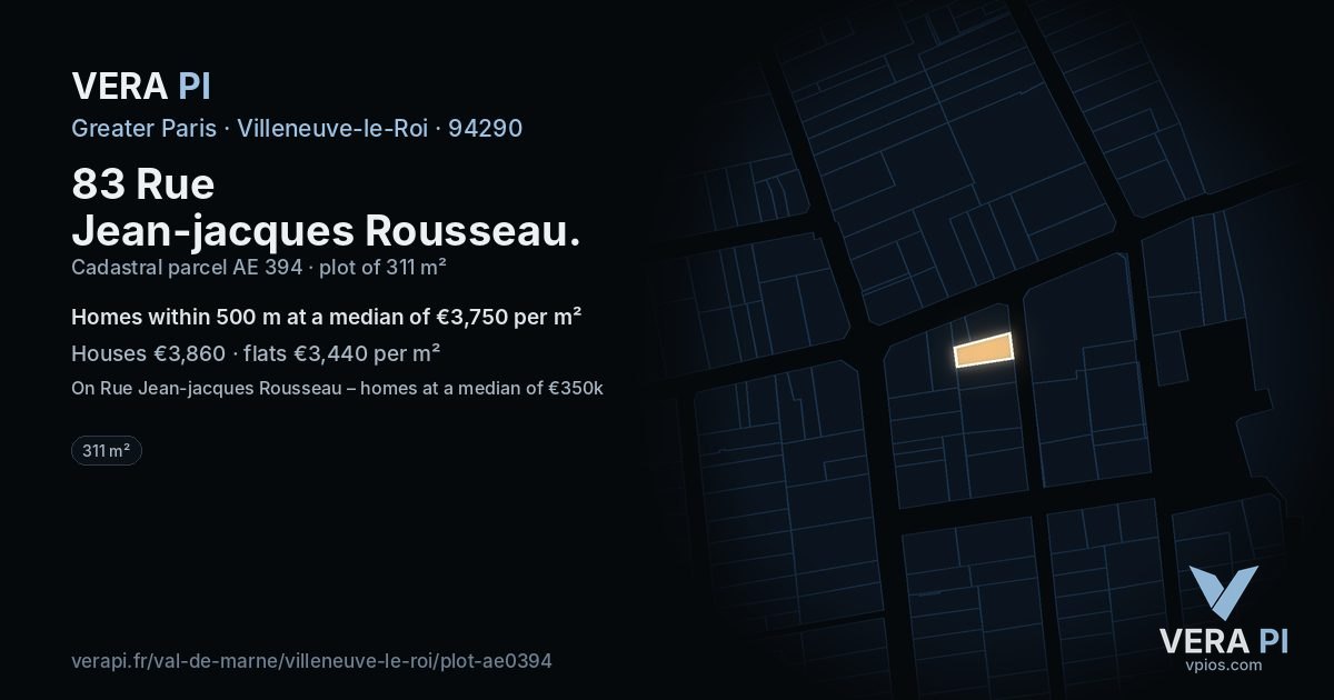 83 Rue Jean-jacques Rousseau, Villeneuve-le-Roi at night – the plot lit, the parcels around coloured by the prices near them