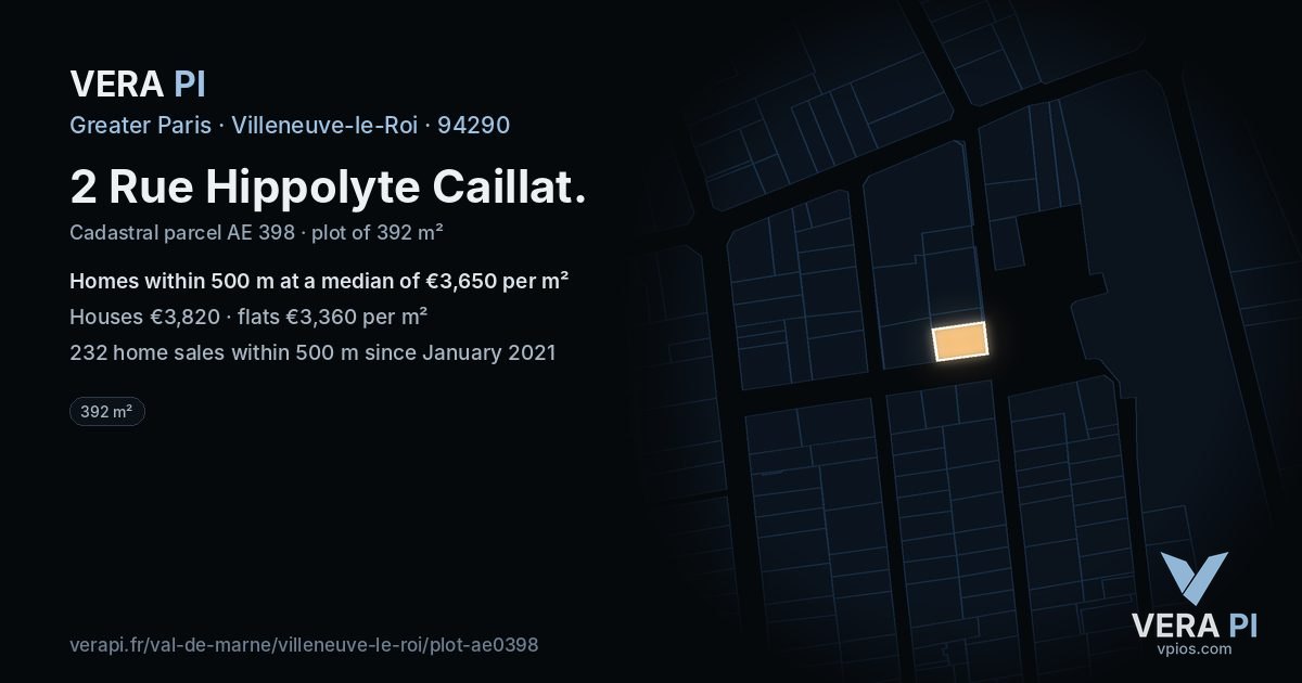 2 Rue Hippolyte Caillat, Villeneuve-le-Roi at night – the plot lit, the parcels around coloured by the prices near them