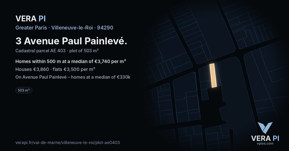 3 Avenue Paul Painlevé, Villeneuve-le-Roi at night – the plot lit, the parcels around coloured by the prices near them