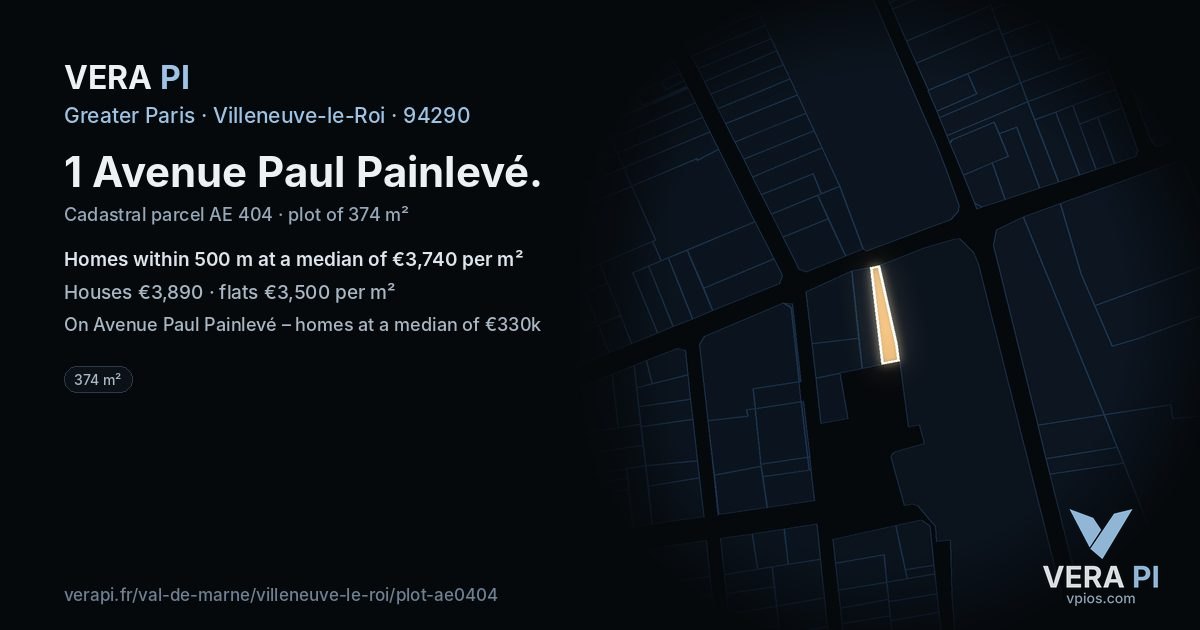 1 Avenue Paul Painlevé, Villeneuve-le-Roi at night – the plot lit, the parcels around coloured by the prices near them