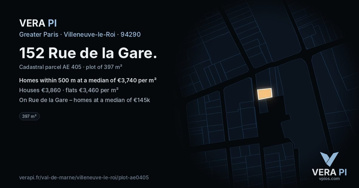 152 Rue de la Gare, Villeneuve-le-Roi at night – the plot lit, the parcels around coloured by the prices near them