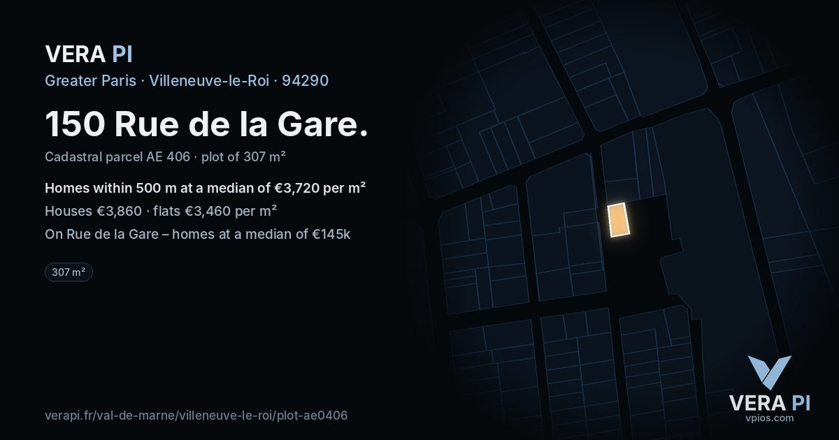 150 Rue de la Gare, Villeneuve-le-Roi at night – the plot lit, the parcels around coloured by the prices near them