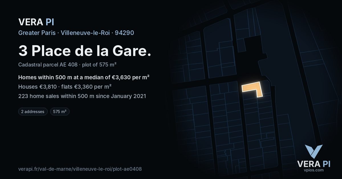 3 Place de la Gare, Villeneuve-le-Roi at night – the plot lit, the parcels around coloured by the prices near them