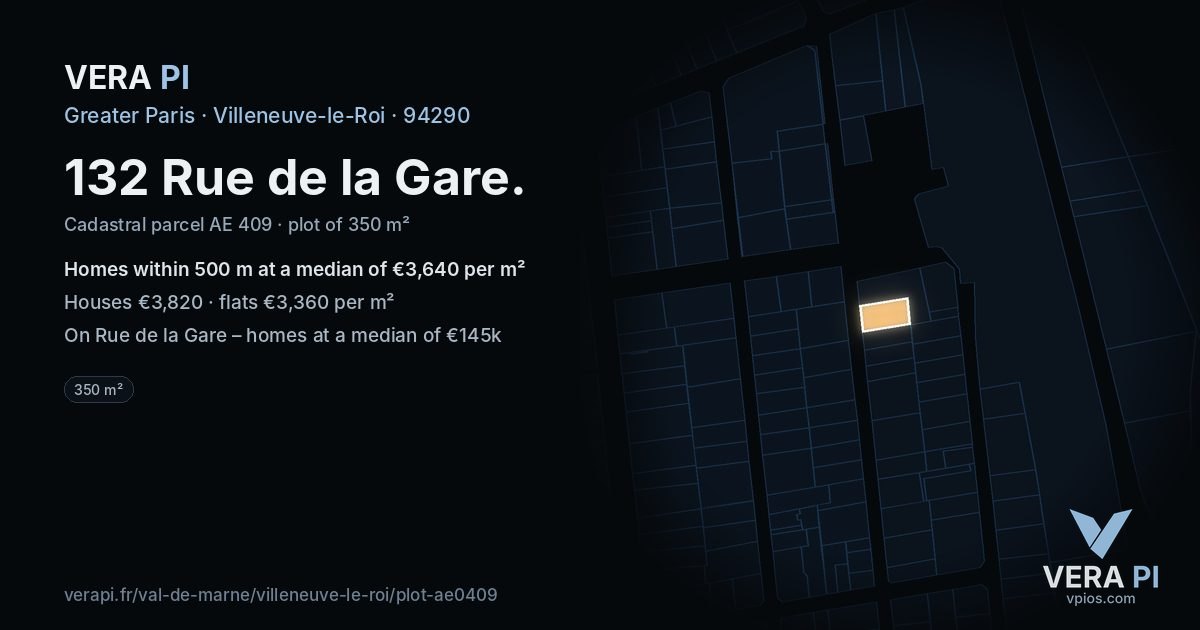 132 Rue de la Gare, Villeneuve-le-Roi at night – the plot lit, the parcels around coloured by the prices near them