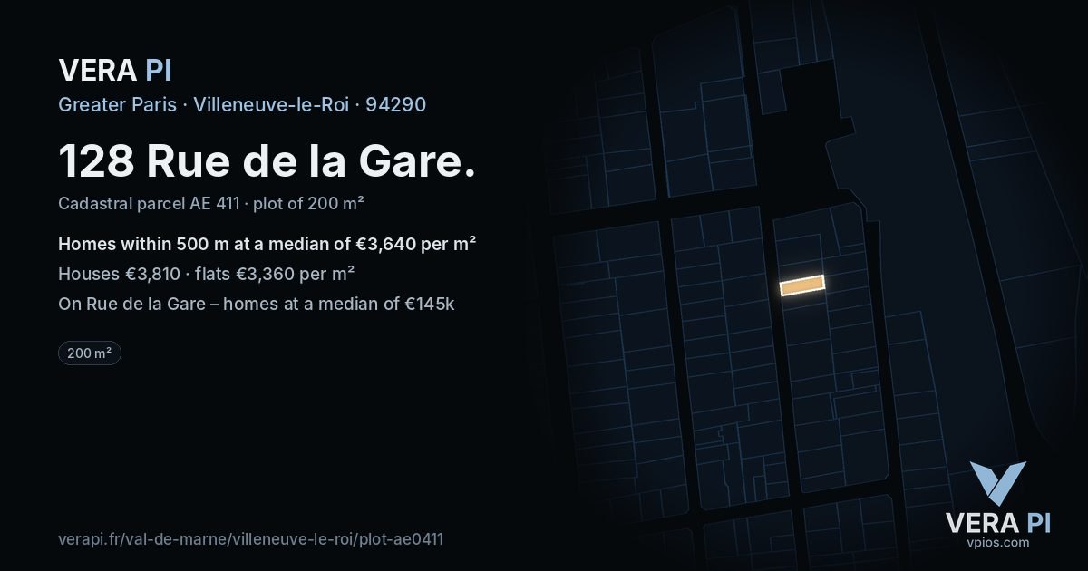 128 Rue de la Gare, Villeneuve-le-Roi at night – the plot lit, the parcels around coloured by the prices near them
