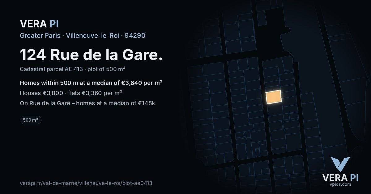 124 Rue de la Gare, Villeneuve-le-Roi at night – the plot lit, the parcels around coloured by the prices near them