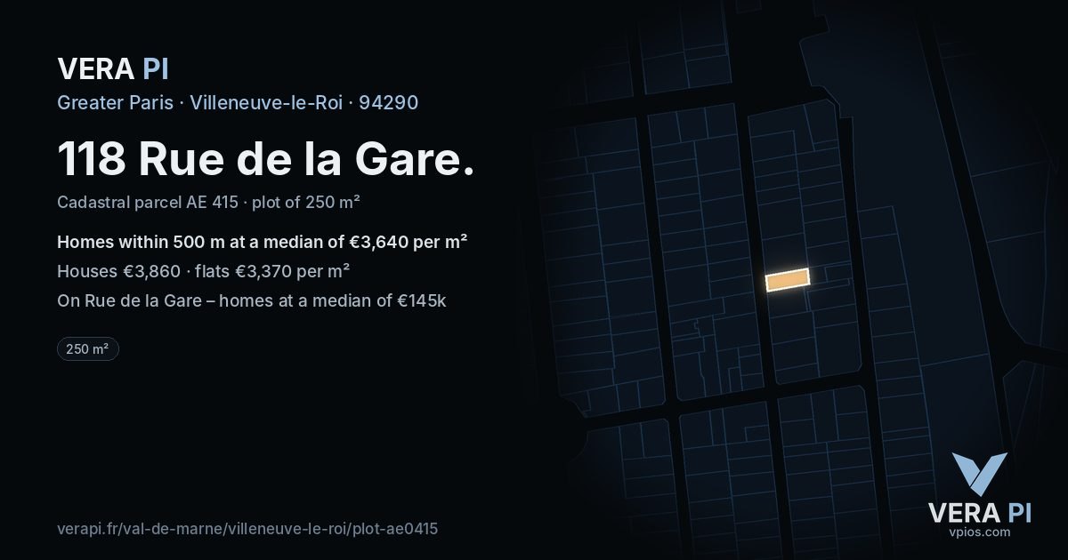 118 Rue de la Gare, Villeneuve-le-Roi at night – the plot lit, the parcels around coloured by the prices near them