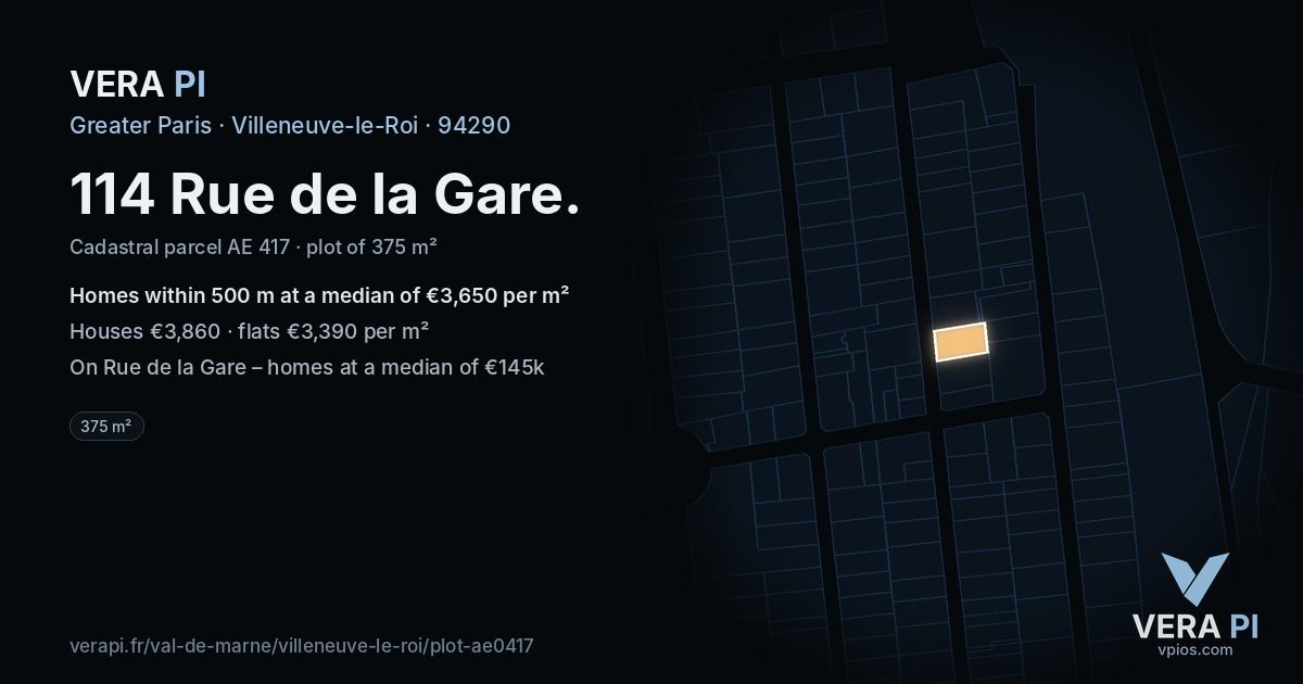 114 Rue de la Gare, Villeneuve-le-Roi at night – the plot lit, the parcels around coloured by the prices near them