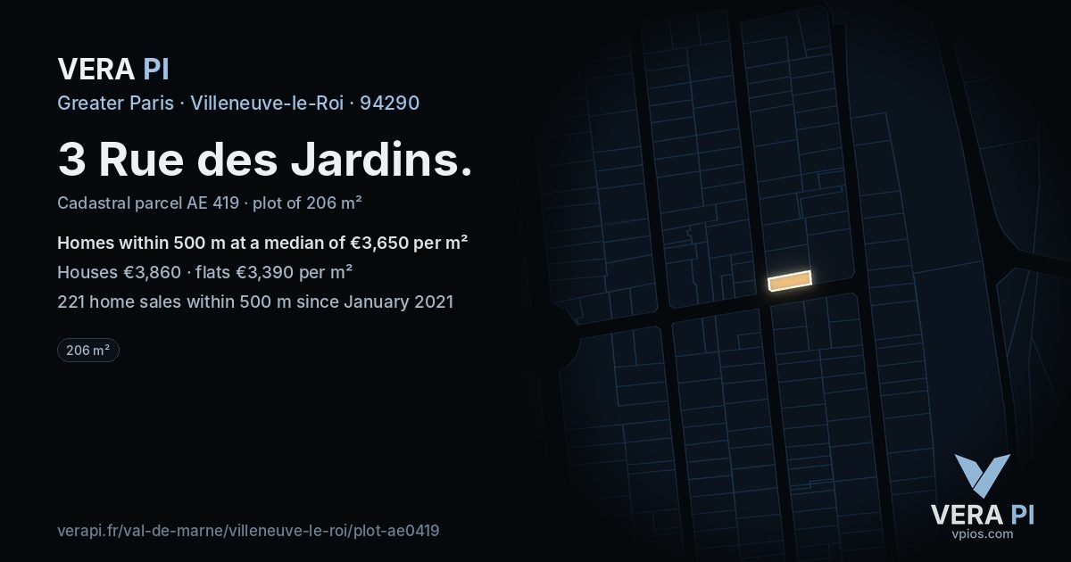 3 Rue des Jardins, Villeneuve-le-Roi at night – the plot lit, the parcels around coloured by the prices near them