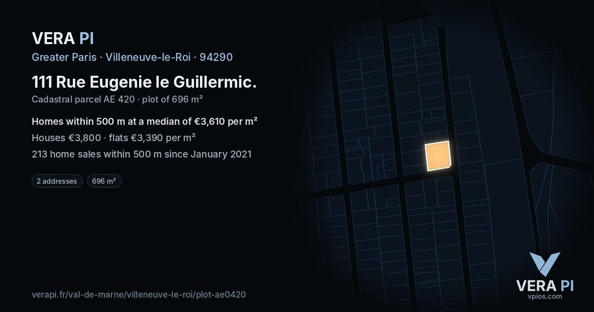 111 Rue Eugenie le Guillermic, Villeneuve-le-Roi at night – the plot lit, the parcels around coloured by the prices near them