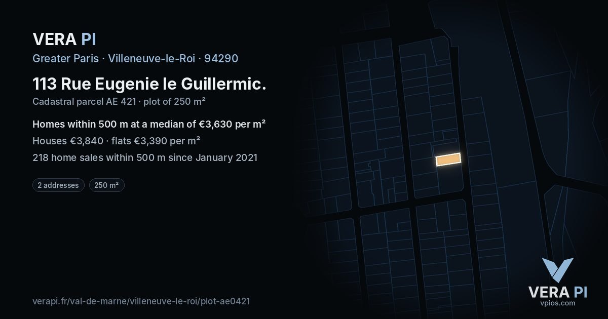 113 Rue Eugenie le Guillermic, Villeneuve-le-Roi at night – the plot lit, the parcels around coloured by the prices near them