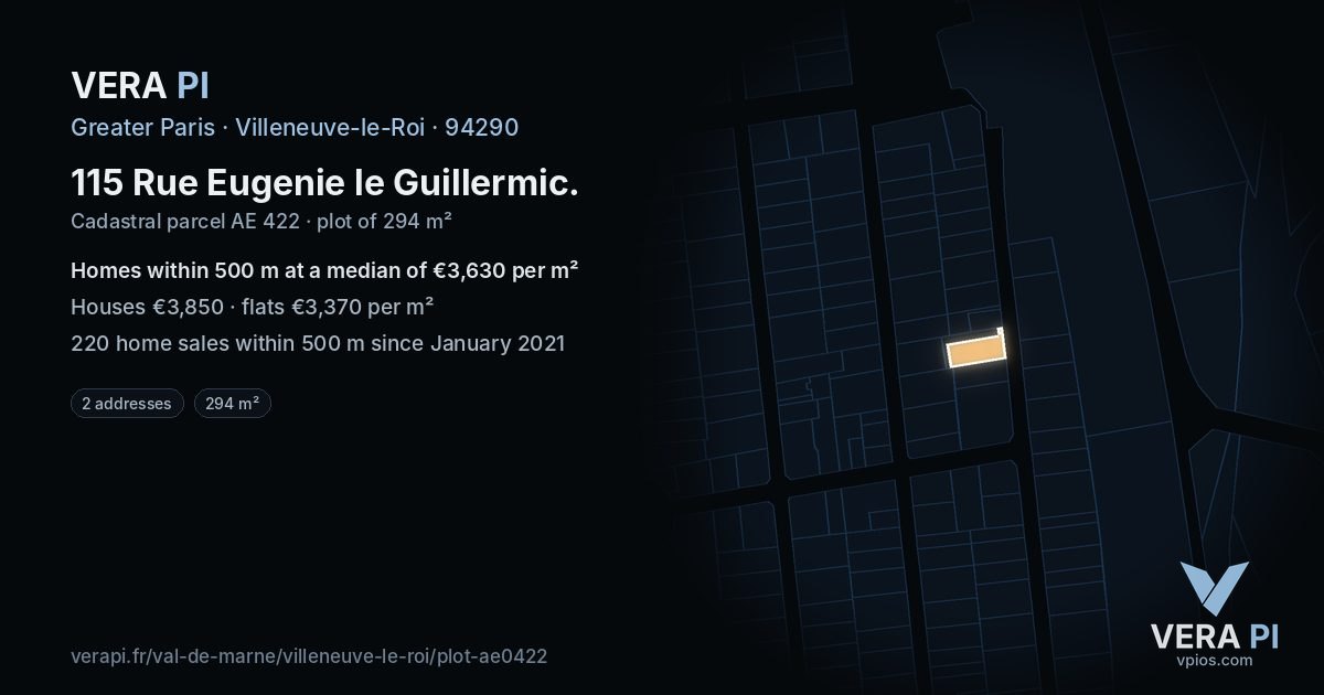 115 Rue Eugenie le Guillermic, Villeneuve-le-Roi at night – the plot lit, the parcels around coloured by the prices near them