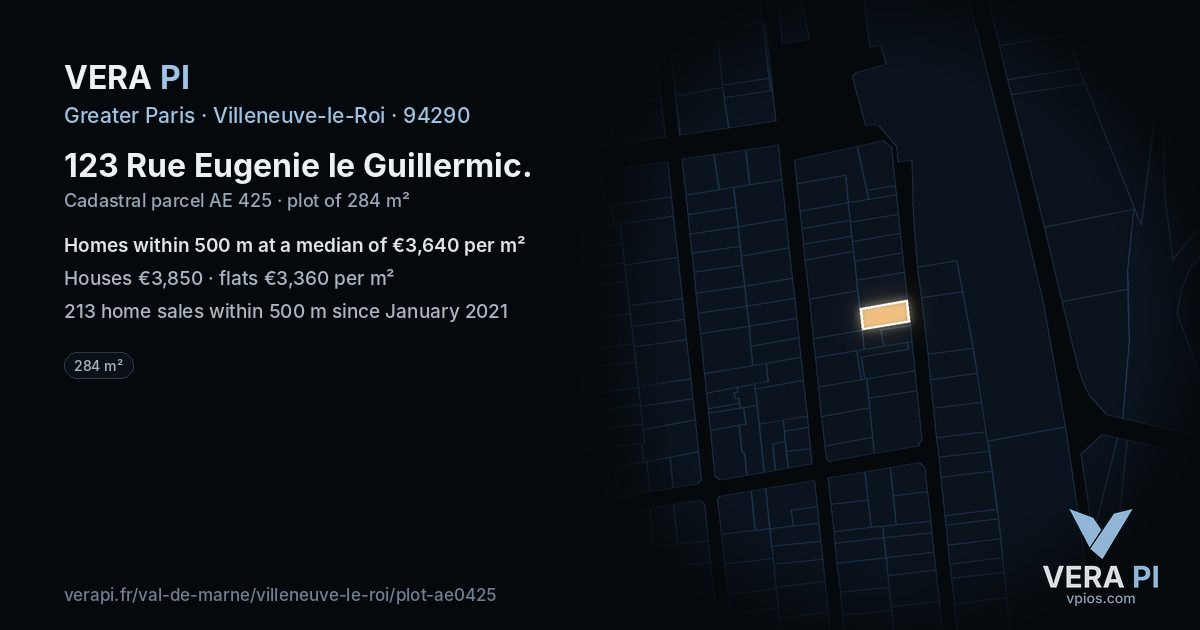 123 Rue Eugenie le Guillermic, Villeneuve-le-Roi at night – the plot lit, the parcels around coloured by the prices near them