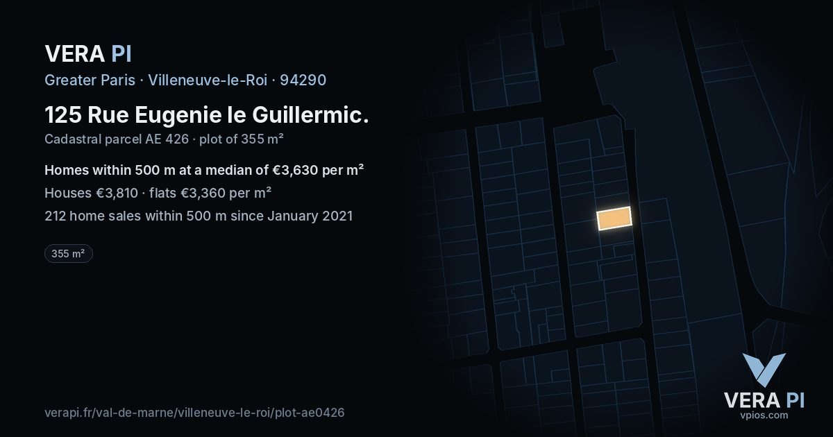 125 Rue Eugenie le Guillermic, Villeneuve-le-Roi at night – the plot lit, the parcels around coloured by the prices near them