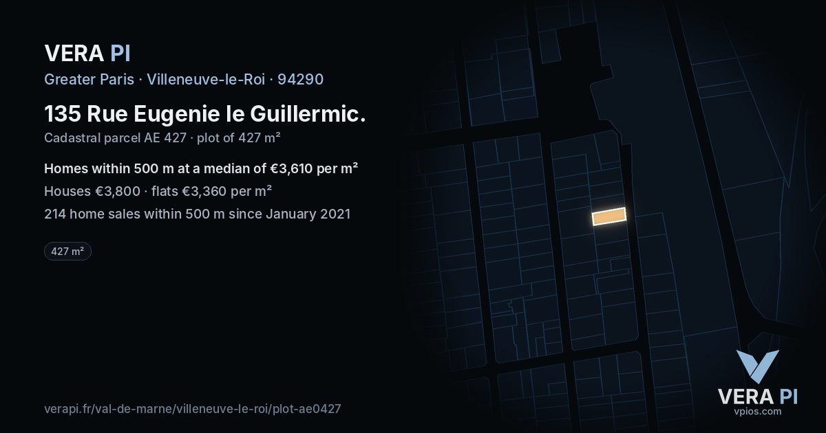 135 Rue Eugenie le Guillermic, Villeneuve-le-Roi at night – the plot lit, the parcels around coloured by the prices near them