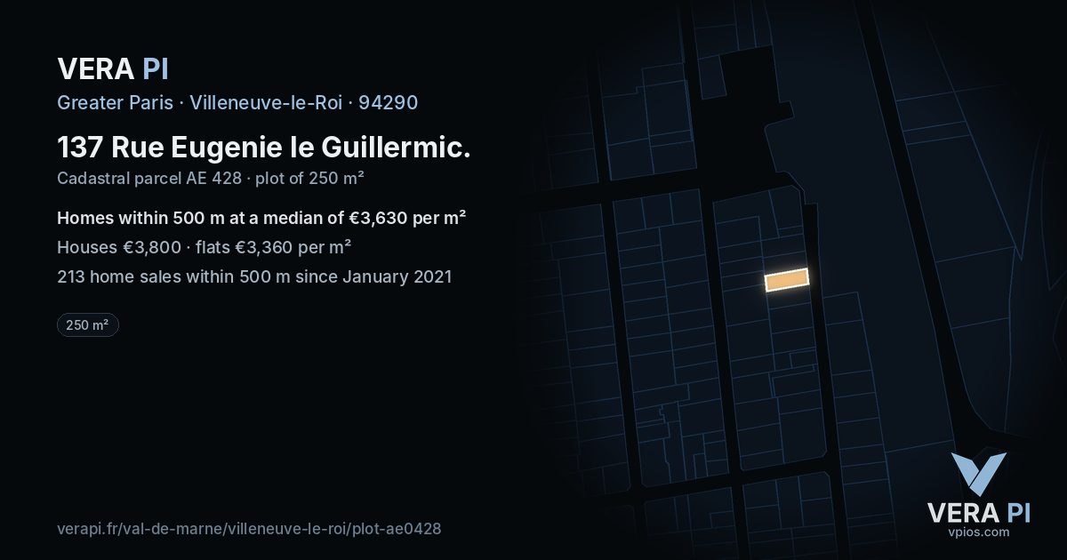137 Rue Eugenie le Guillermic, Villeneuve-le-Roi at night – the plot lit, the parcels around coloured by the prices near them
