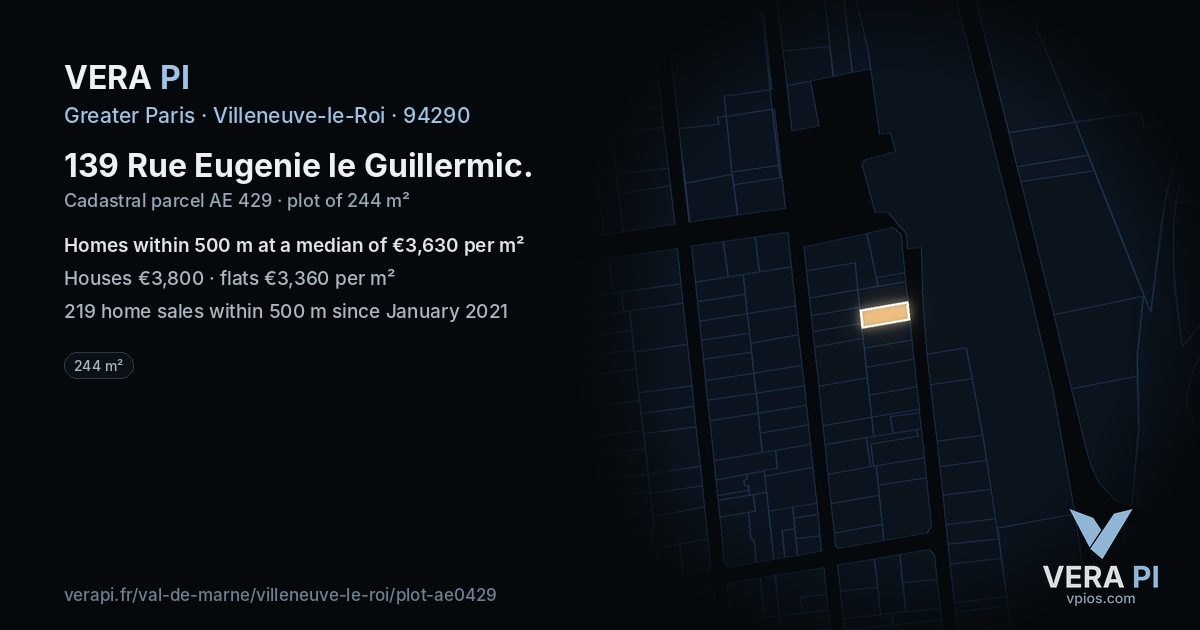 139 Rue Eugenie le Guillermic, Villeneuve-le-Roi at night – the plot lit, the parcels around coloured by the prices near them