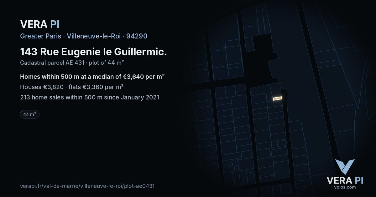 143 Rue Eugenie le Guillermic, Villeneuve-le-Roi at night – the plot lit, the parcels around coloured by the prices near them