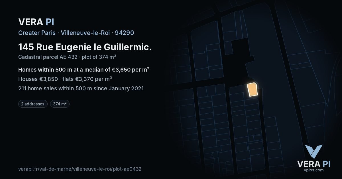 145 Rue Eugenie le Guillermic, Villeneuve-le-Roi at night – the plot lit, the parcels around coloured by the prices near them