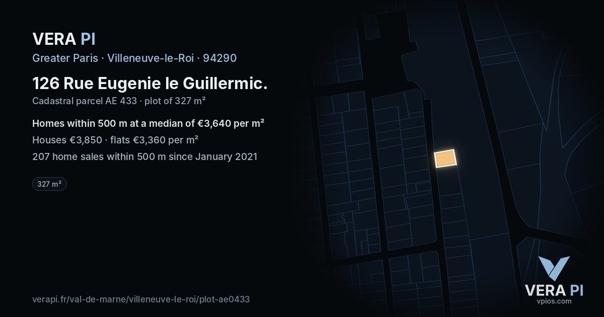 126 Rue Eugenie le Guillermic, Villeneuve-le-Roi at night – the plot lit, the parcels around coloured by the prices near them
