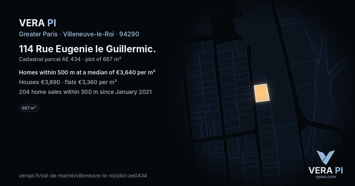 114 Rue Eugenie le Guillermic, Villeneuve-le-Roi at night – the plot lit, the parcels around coloured by the prices near them