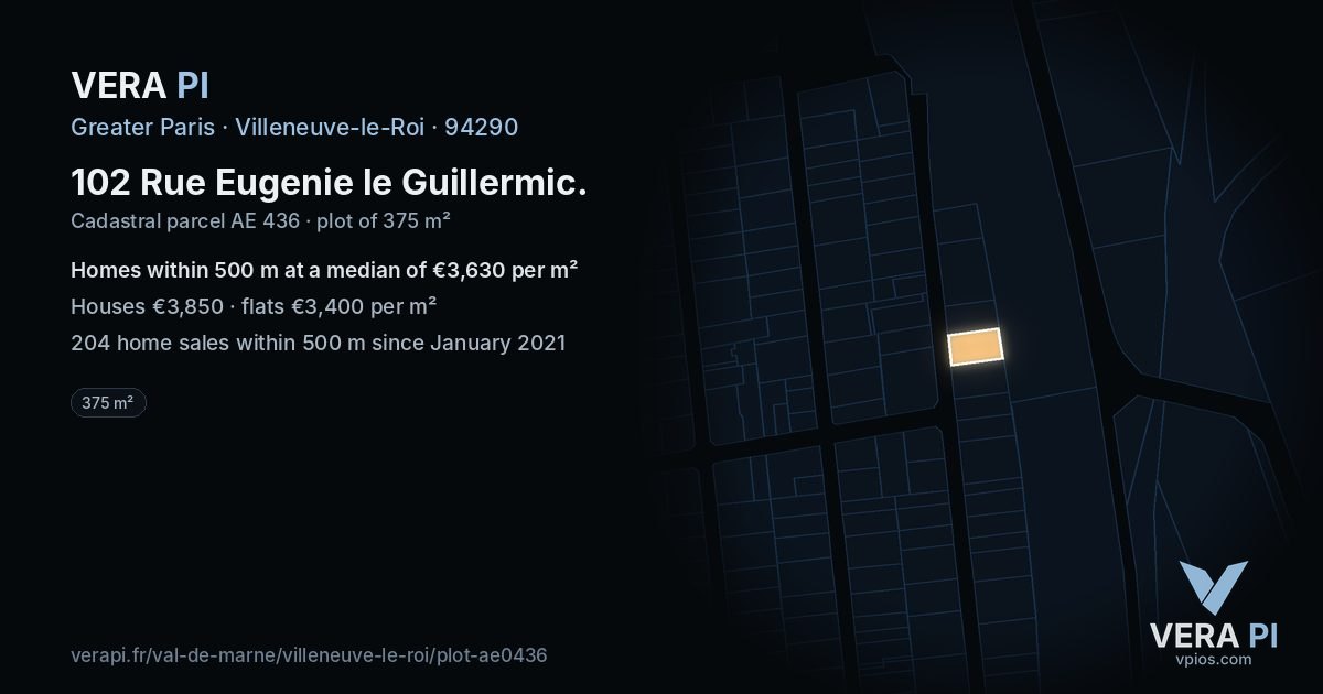102 Rue Eugenie le Guillermic, Villeneuve-le-Roi at night – the plot lit, the parcels around coloured by the prices near them