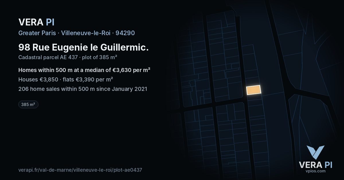 98 Rue Eugenie le Guillermic, Villeneuve-le-Roi at night – the plot lit, the parcels around coloured by the prices near them