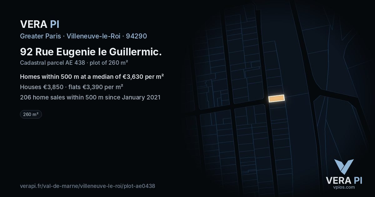 92 Rue Eugenie le Guillermic, Villeneuve-le-Roi at night – the plot lit, the parcels around coloured by the prices near them