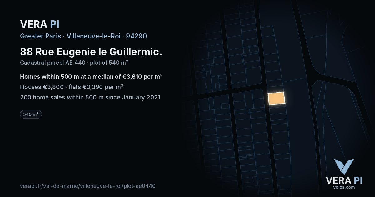 88 Rue Eugenie le Guillermic, Villeneuve-le-Roi at night – the plot lit, the parcels around coloured by the prices near them