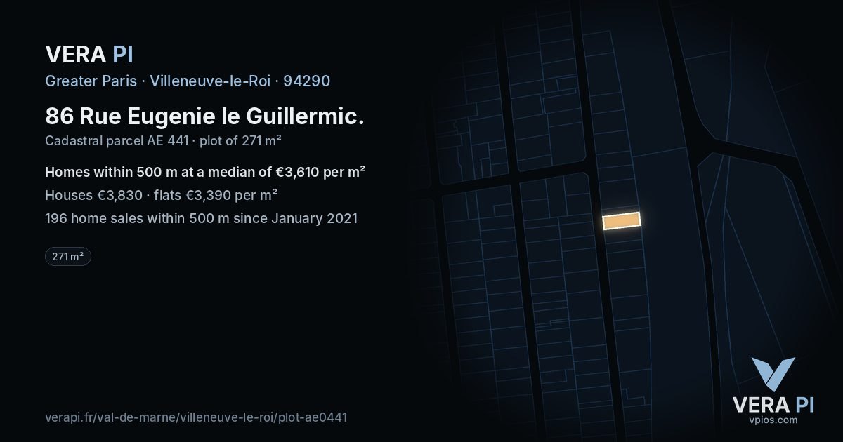 86 Rue Eugenie le Guillermic, Villeneuve-le-Roi at night – the plot lit, the parcels around coloured by the prices near them