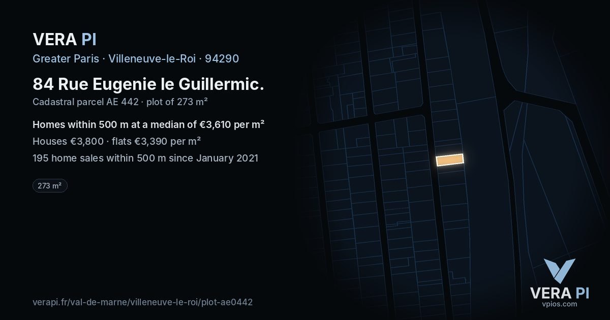 84 Rue Eugenie le Guillermic, Villeneuve-le-Roi at night – the plot lit, the parcels around coloured by the prices near them