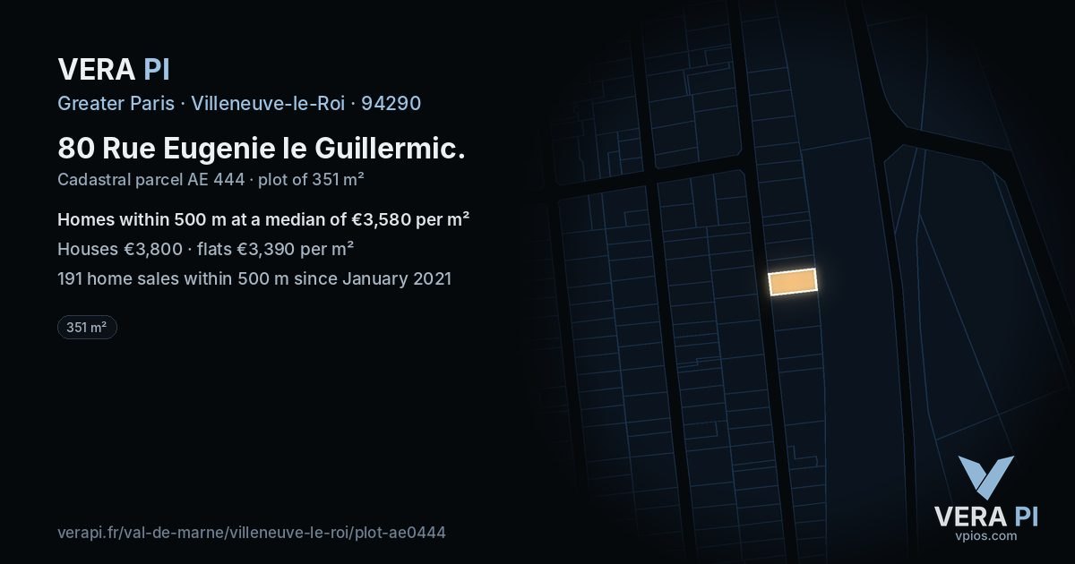 80 Rue Eugenie le Guillermic, Villeneuve-le-Roi at night – the plot lit, the parcels around coloured by the prices near them