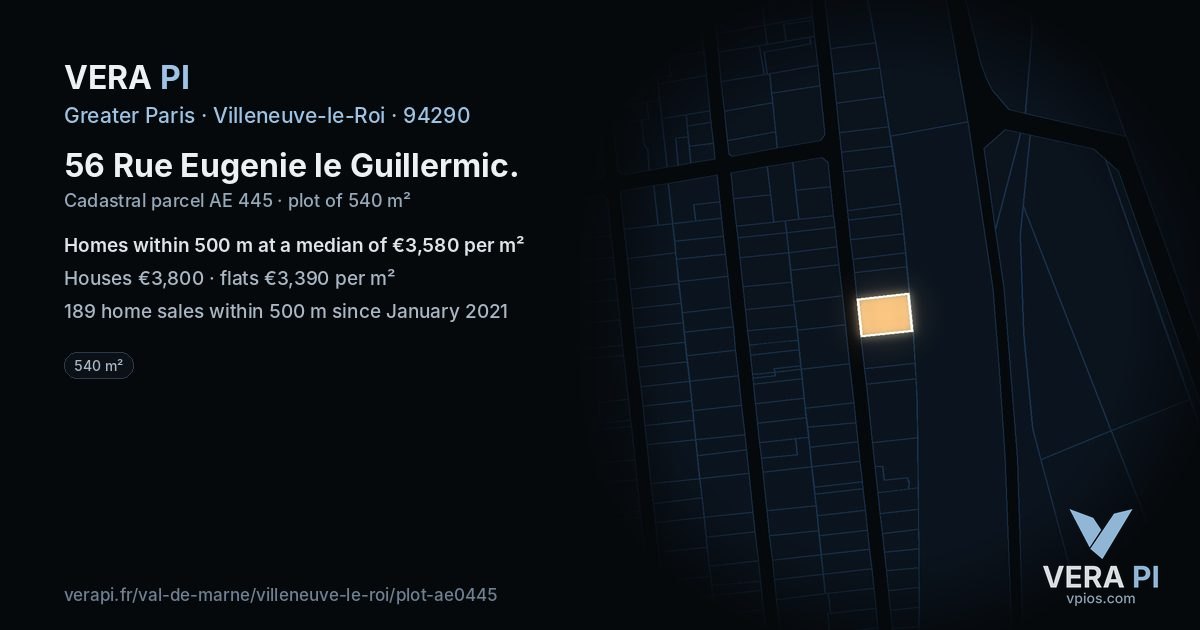 56 Rue Eugenie le Guillermic, Villeneuve-le-Roi at night – the plot lit, the parcels around coloured by the prices near them