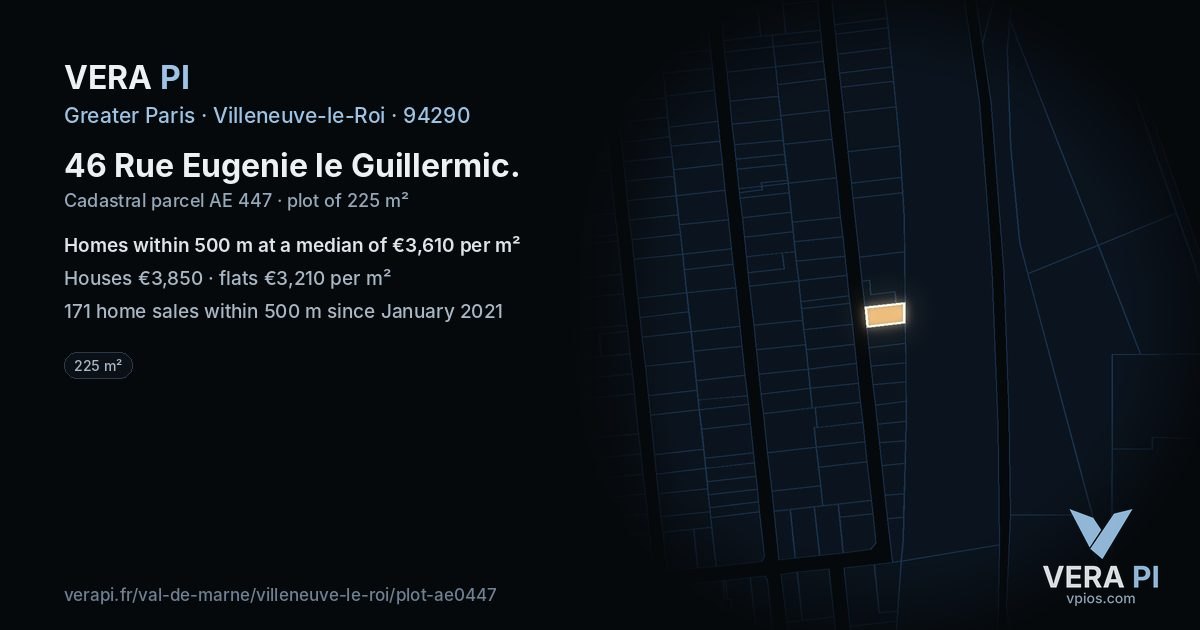 46 Rue Eugenie le Guillermic, Villeneuve-le-Roi at night – the plot lit, the parcels around coloured by the prices near them