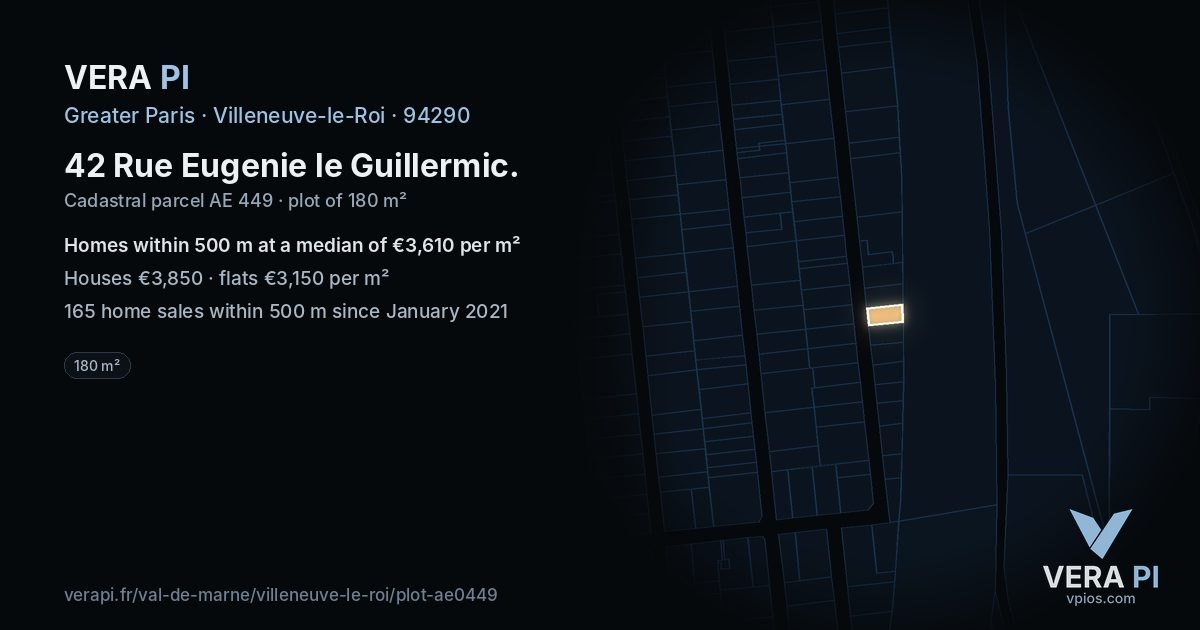 42 Rue Eugenie le Guillermic, Villeneuve-le-Roi at night – the plot lit, the parcels around coloured by the prices near them