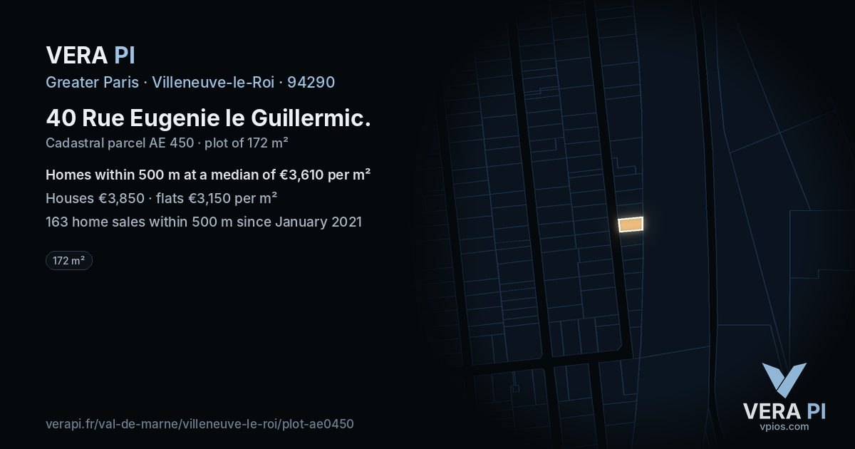 40 Rue Eugenie le Guillermic, Villeneuve-le-Roi at night – the plot lit, the parcels around coloured by the prices near them