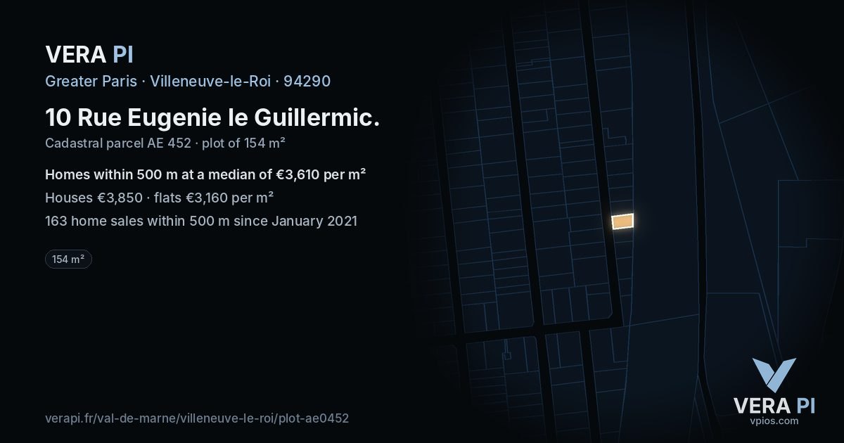 10 Rue Eugenie le Guillermic, Villeneuve-le-Roi at night – the plot lit, the parcels around coloured by the prices near them